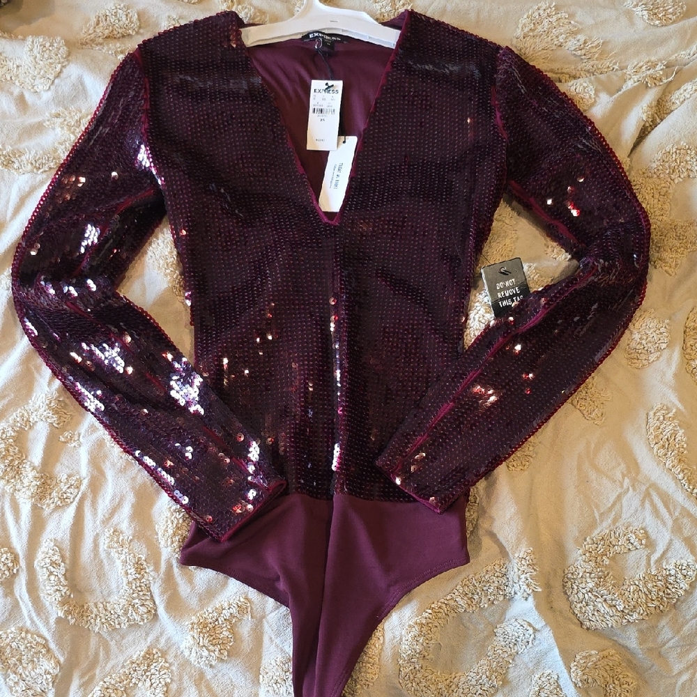 Express Sequin V-Neck Bodysuit - Deep Purple/burgundy